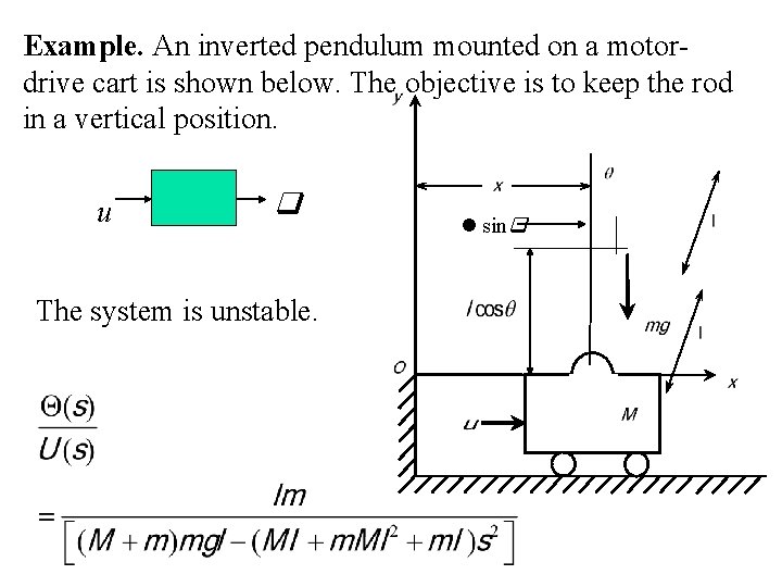Example. An inverted pendulum mounted on a motordrive cart is shown below. The objective