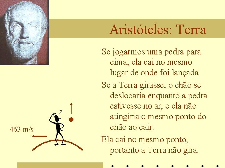 Aristóteles: Terra 463 m/s Se jogarmos uma pedra para cima, ela cai no mesmo