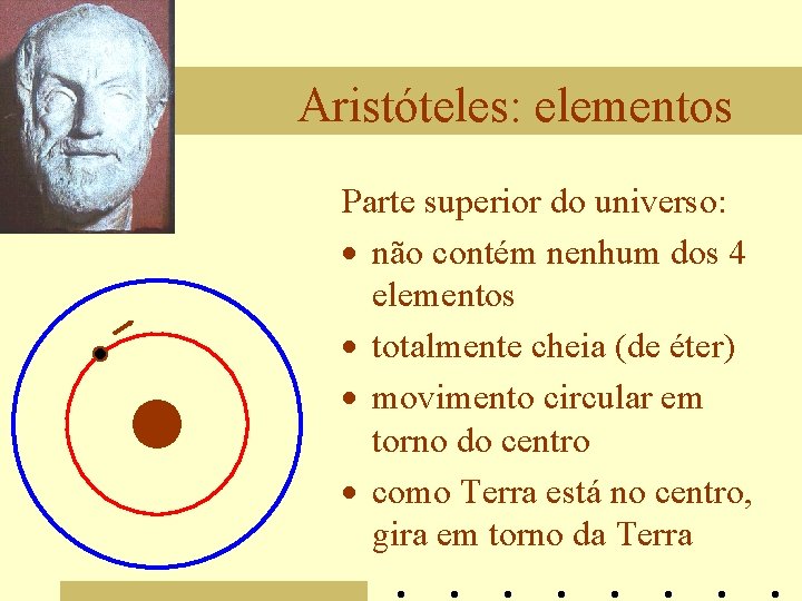 Aristóteles: elementos Parte superior do universo: · não contém nenhum dos 4 elementos ·