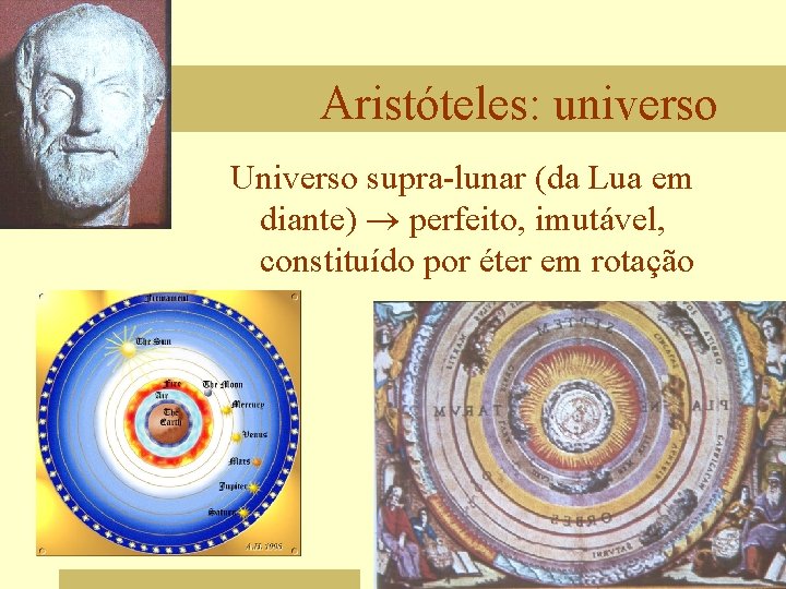 Aristóteles: universo Universo supra-lunar (da Lua em diante) ® perfeito, imutável, constituído por éter