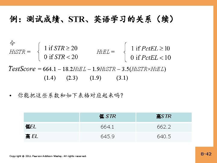 例：测试成绩、STR、英语学习的关系（续） 令 Hi. STR = Hi. EL = = 664. 1 – 18. 2