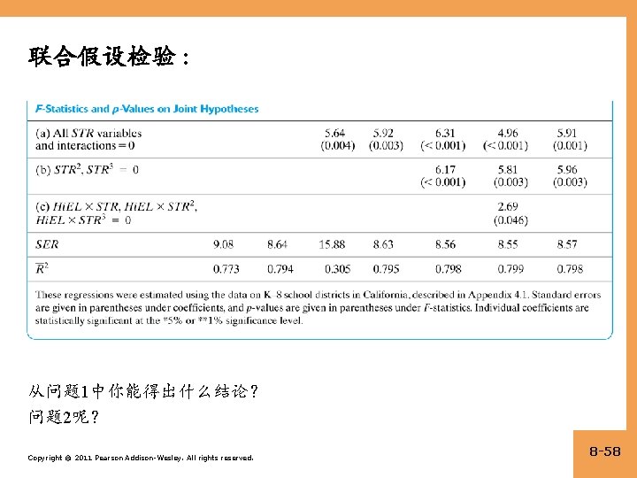 联合假设检验 : 从问题 1中你能得出什么结论？ 问题 2呢？ Copyright © 2011 Pearson Addison-Wesley. All rights reserved.