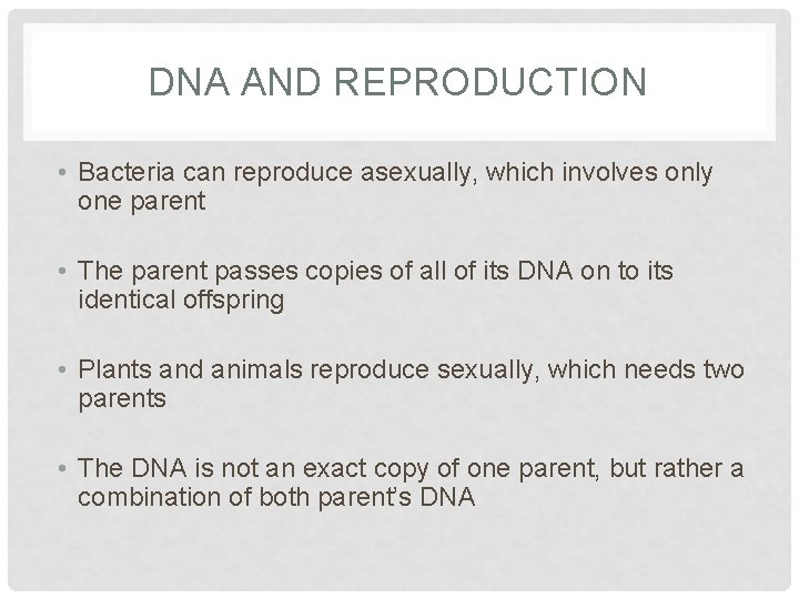 DNA AND REPRODUCTION • Bacteria can reproduce asexually, which involves only one parent •