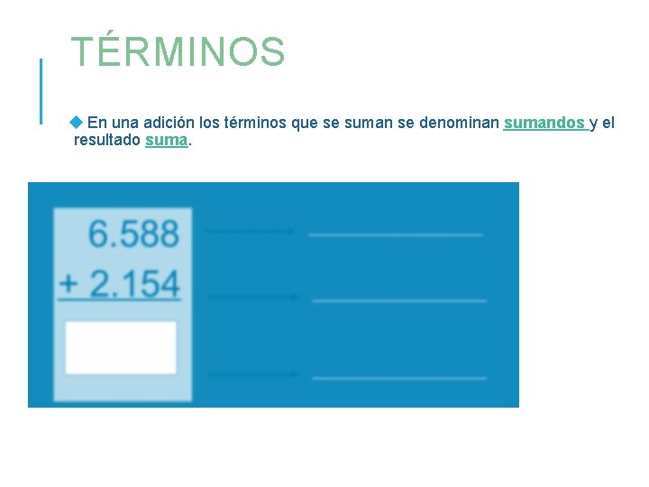 TÉRMINOS En una adición los términos que se suman se denominan sumandos y el