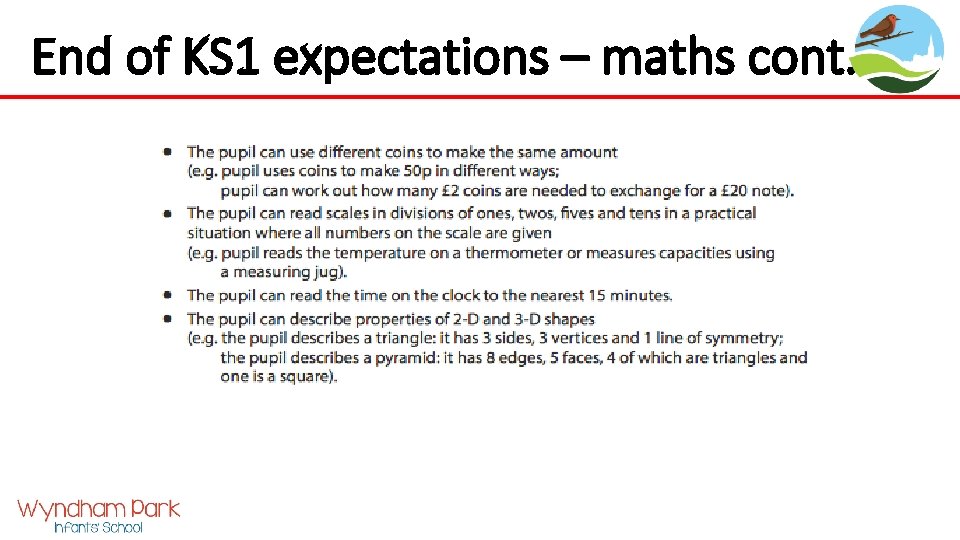 End of KS 1 expectations – maths cont. 