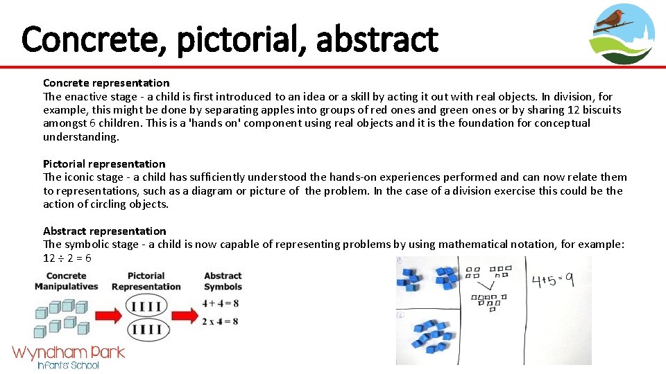 Concrete, pictorial, abstract Concrete representation The enactive stage - a child is first introduced