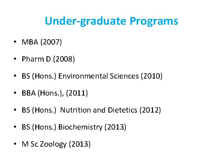 Under-graduate Programs • MBA (2007) • Pharm D (2008) • BS (Hons. ) Environmental