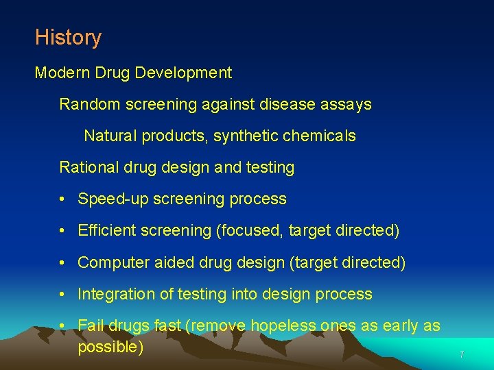 History Modern Drug Development Random screening against disease assays Natural products, synthetic chemicals Rational