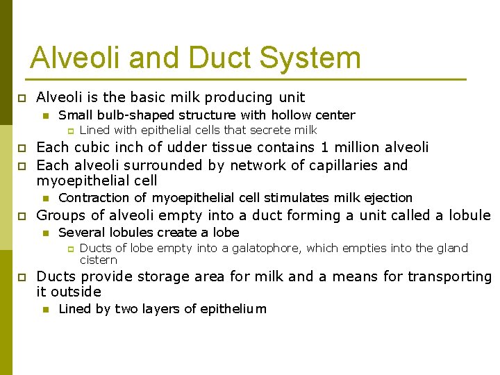Alveoli and Duct System p Alveoli is the basic milk producing unit n Small