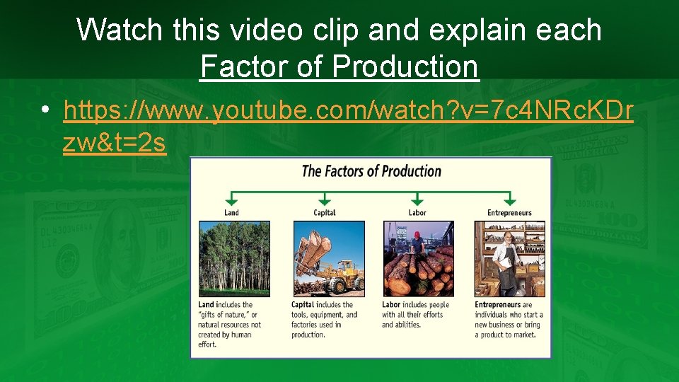 Watch this video clip and explain each Factor of Production • https: //www. youtube.