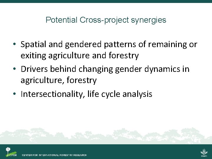 Potential Cross-project synergies • Spatial and gendered patterns of remaining or exiting agriculture and