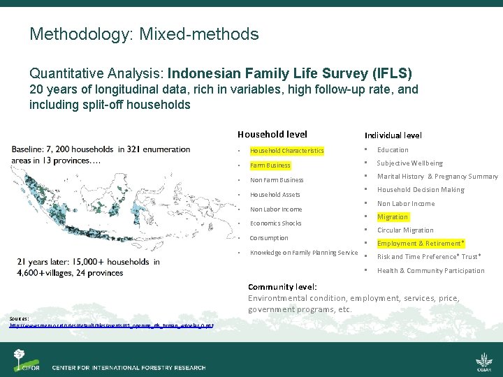 Methodology: Mixed-methods Quantitative Analysis: Indonesian Family Life Survey (IFLS) 20 years of longitudinal data,