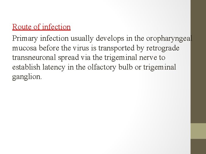 Route of infection Primary infection usually develops in the oropharyngeal mucosa before the virus