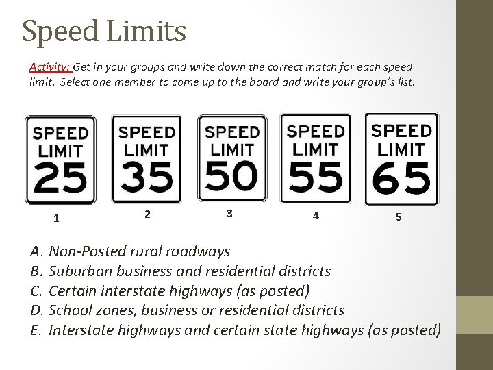 Speed Limits Activity: Get in your groups and write down the correct match for