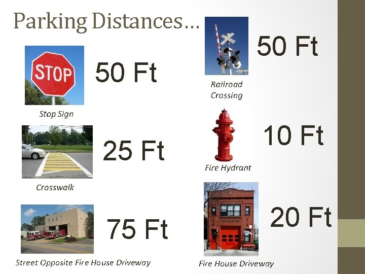 Parking Distances… 50 Ft 25 Ft 75 Ft Street Opposite Fire House Driveway 50