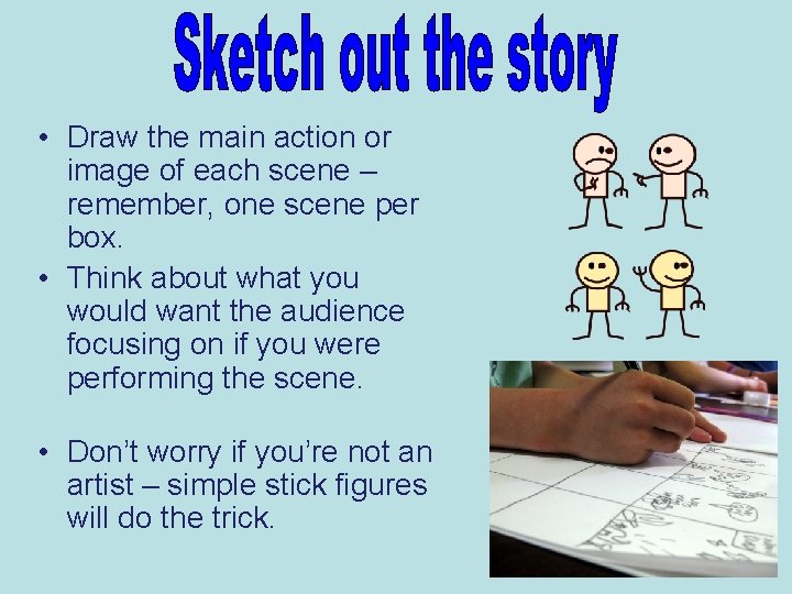  • Draw the main action or image of each scene – remember, one