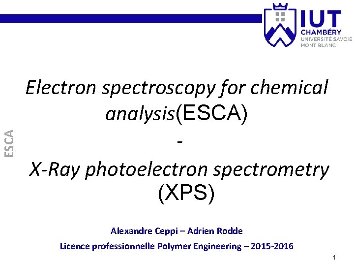 ESCA Electron spectroscopy for chemical analysis(ESCA) X-Ray photoelectron spectrometry (XPS) Alexandre Ceppi – Adrien ESCA Electron spectroscopy for chemical analysis(ESCA) X-Ray photoelectron spectrometry (XPS) Alexandre Ceppi – Adrien