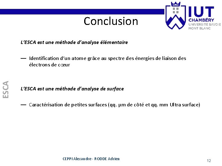 Conclusion L’ESCA est une méthode d’analyse élémentaire ESCA — Identification d’un atome grâce au Conclusion L’ESCA est une méthode d’analyse élémentaire ESCA — Identification d’un atome grâce au