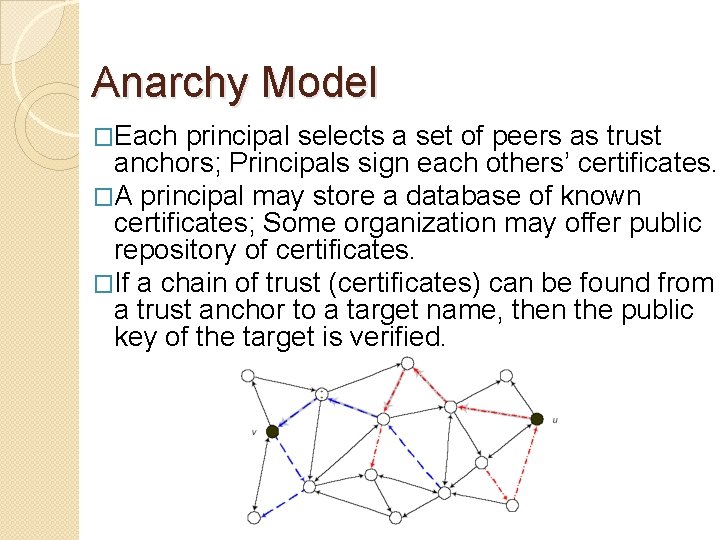 Anarchy Model �Each principal selects a set of peers as trust anchors; Principals sign