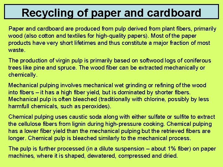 Recycling of paper and cardboard Paper and cardboard are produced from pulp derived from