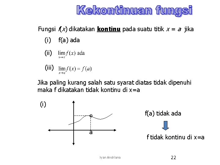 Fungsi f(x) dikatakan kontinu pada suatu titik x = a jika (i) f(a) ada Fungsi f(x) dikatakan kontinu pada suatu titik x = a jika (i) f(a) ada