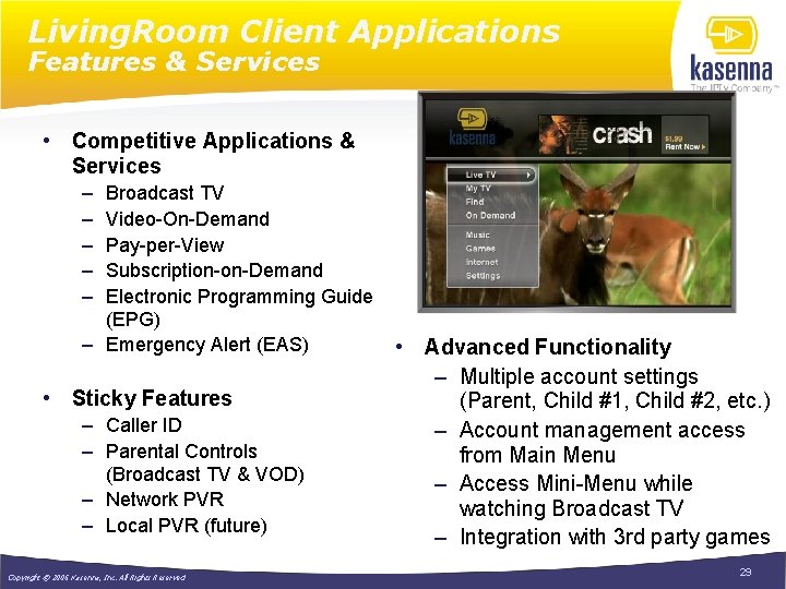 Living. Room Client Applications Features & Services • Competitive Applications & Services – –