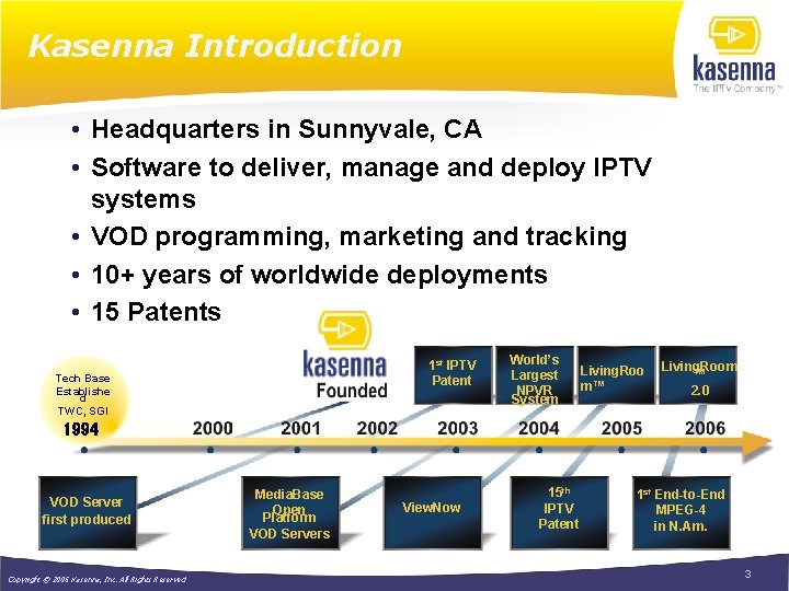 Kasenna Introduction • Headquarters in Sunnyvale, CA • Software to deliver, manage and deploy