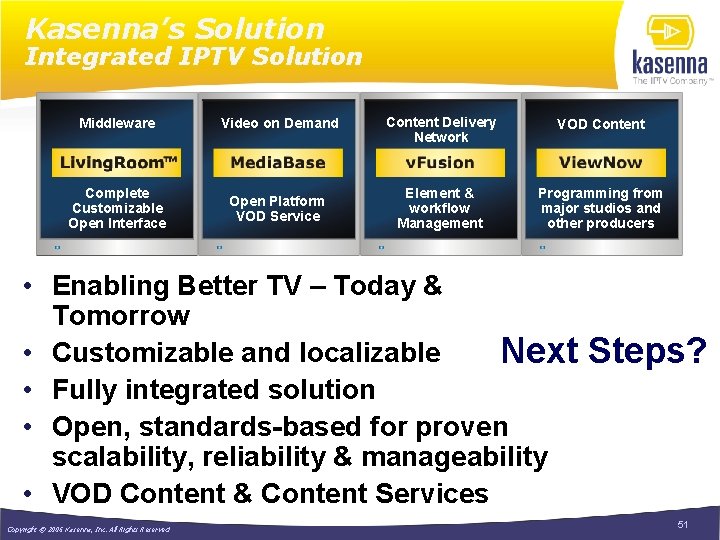 Kasenna’s Solution Integrated IPTV Solution Middleware Video on Demand Content Delivery Network VOD Content