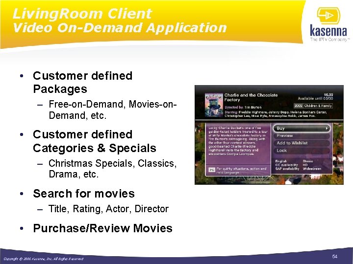 Living. Room Client Video On-Demand Application • Customer defined Packages – Free-on-Demand, Movies-on. Demand,
