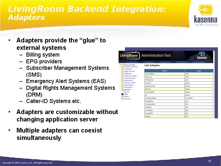 Living. Room Backend Integration: Adapters • Adapters provide the “glue” to external systems –