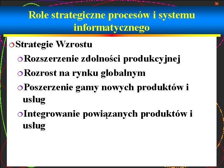 36 Role strategiczne procesów i systemu informatycznego ¦Strategie Wzrostu ¦Rozszerzenie zdolności produkcyjnej ¦Rozrost na