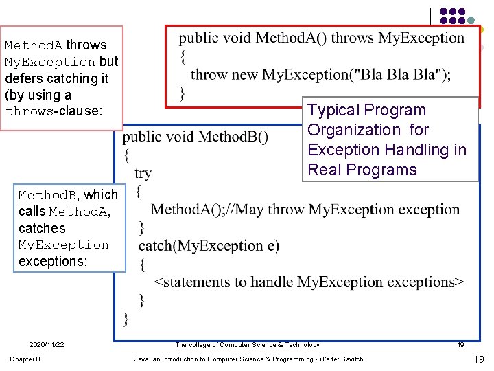 Method. A throws My. Exception but defers catching it (by using a throws-clause: Typical