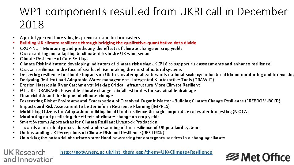 WP 1 components resulted from UKRI call in December 2018 • • • •