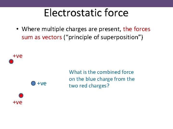 Electrostatic force • Where multiple charges are present, the forces sum as vectors (“principle