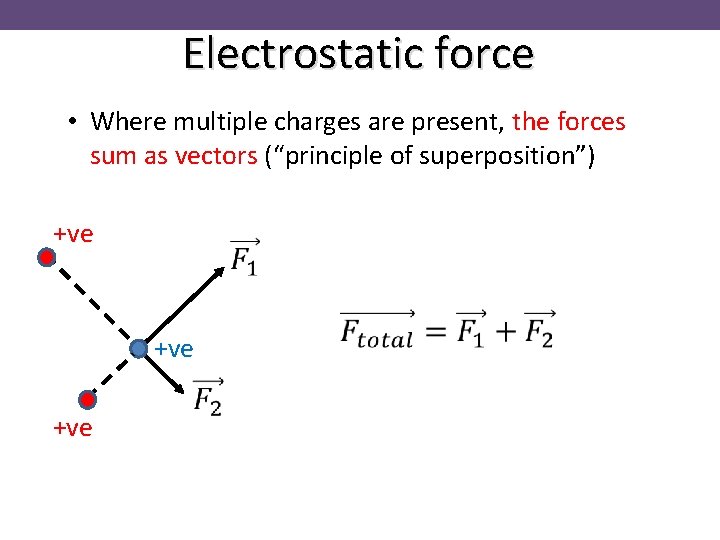 Electrostatic force • Where multiple charges are present, the forces sum as vectors (“principle