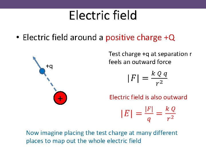 Electric field • Electric field around a positive charge +Q Test charge +q at