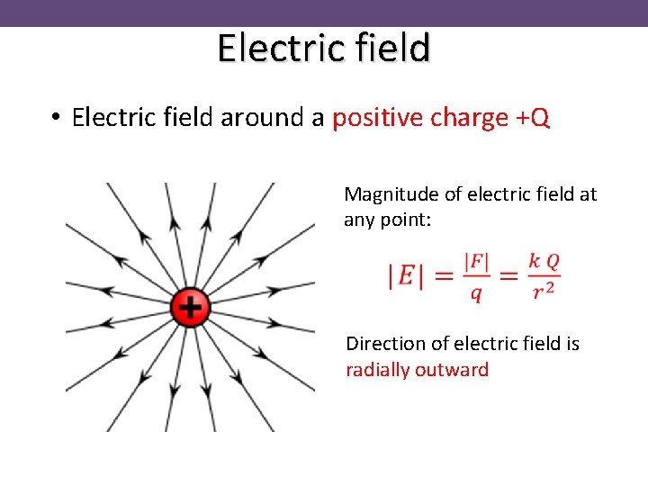 Electric field • Electric field around a positive charge +Q Magnitude of electric field