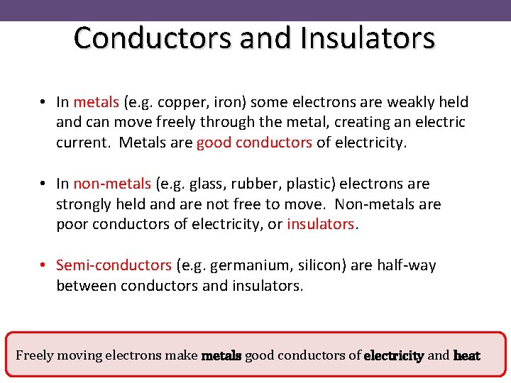 Conductors and Insulators • In metals (e. g. copper, iron) some electrons are weakly