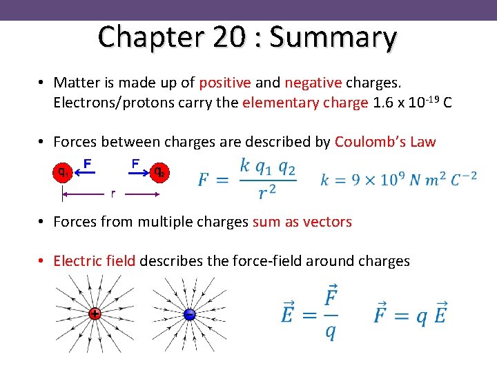 Chapter 20 : Summary • Matter is made up of positive and negative charges.