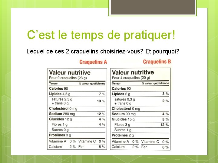 C’est le temps de pratiquer! Lequel de ces 2 craquelins choisiriez-vous? Et pourquoi? 