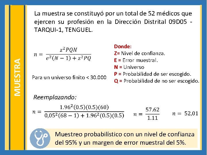 La muestra se constituyó por un total de 52 médicos que ejercen su profesión