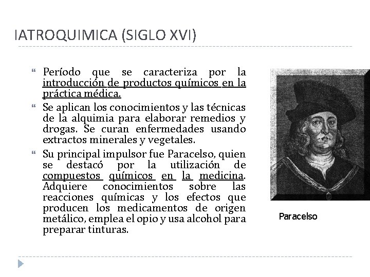 IATROQUIMICA (SIGLO XVI) Período que se caracteriza por la introducción de productos químicos en IATROQUIMICA (SIGLO XVI) Período que se caracteriza por la introducción de productos químicos en