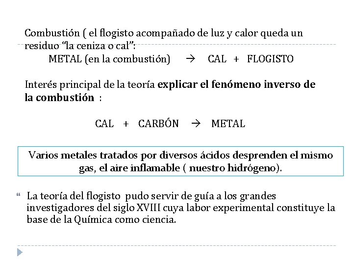 Combustión ( el flogisto acompañado de luz y calor queda un residuo “la ceniza Combustión ( el flogisto acompañado de luz y calor queda un residuo “la ceniza