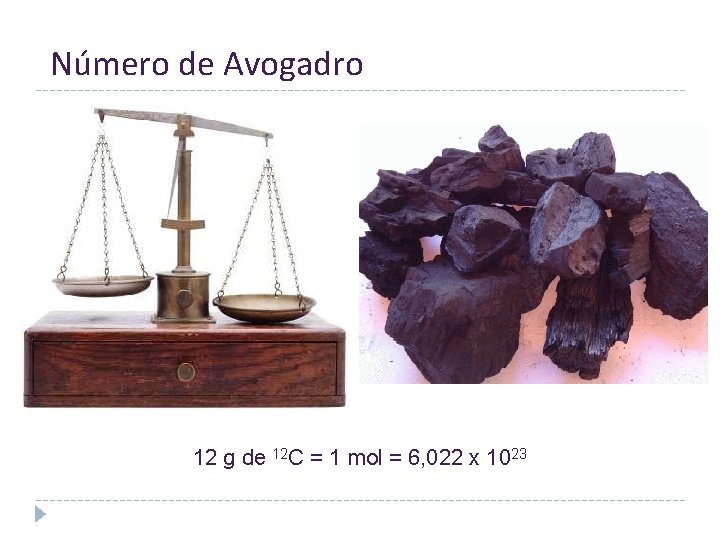 Número de Avogadro 12 g de 12 C = 1 mol = 6, 022 Número de Avogadro 12 g de 12 C = 1 mol = 6, 022