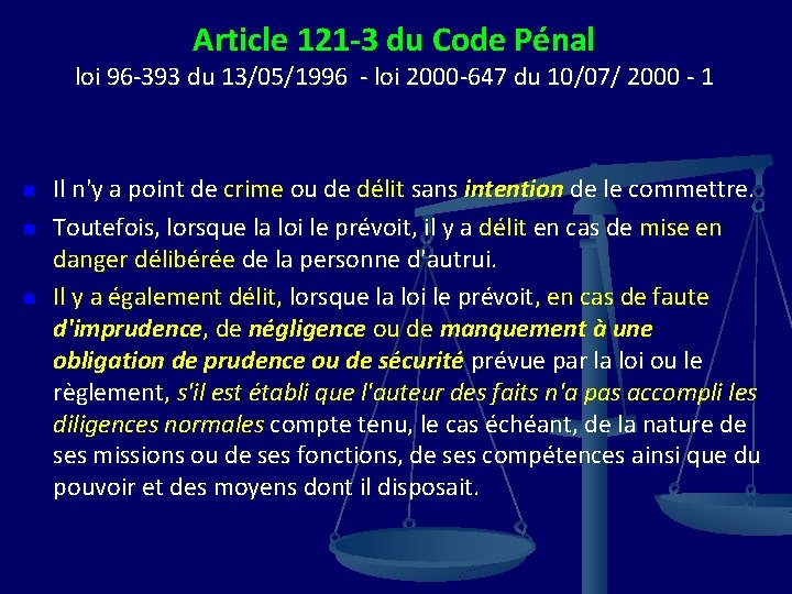 Article 121 -3 du Code Pénal loi 96 -393 du 13/05/1996 - loi 2000