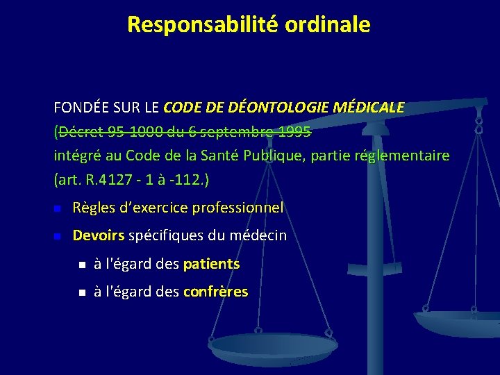 Responsabilité ordinale FONDÉE SUR LE CODE DE DÉONTOLOGIE MÉDICALE (Décret 95 -1000 du 6