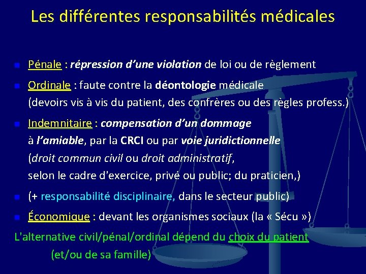 Les différentes responsabilités médicales n n n Pénale : répression d’une violation de loi