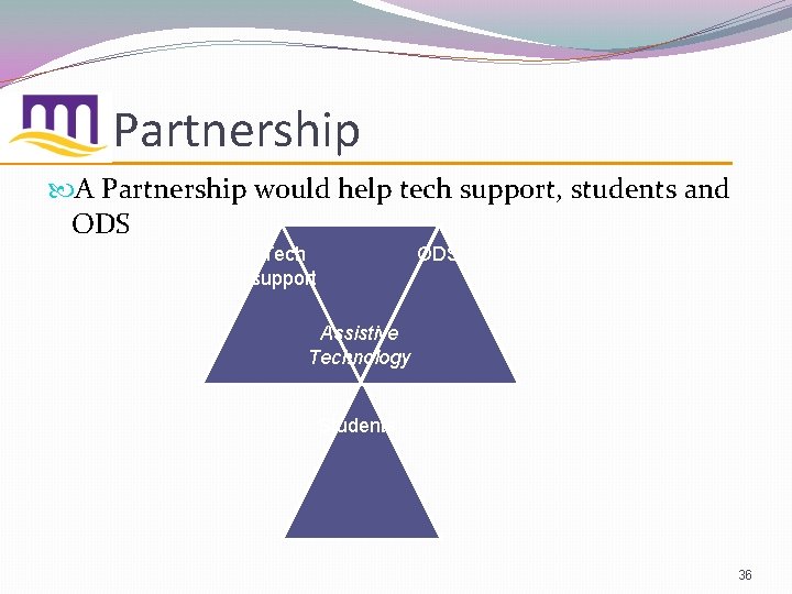 Partnership A Partnership would help tech support, students and ODS Tech support ODS Assistive