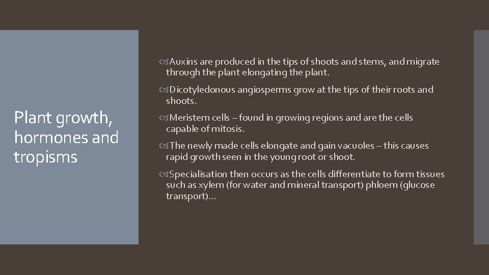  Auxins are produced in the tips of shoots and stems, and migrate through