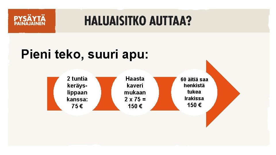 Pieni teko, suuri apu: 2 tuntia keräyslippaan kanssa: 75 € Haasta kaveri mukaan 2